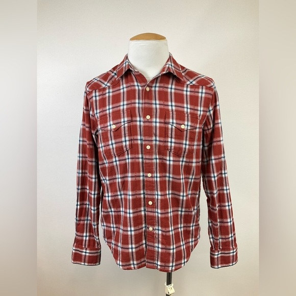 LUCKY BRAND Red Plaid Long Sleeve Button Front Shirt Chambray Lined, sz MD - Picture 1 of 8